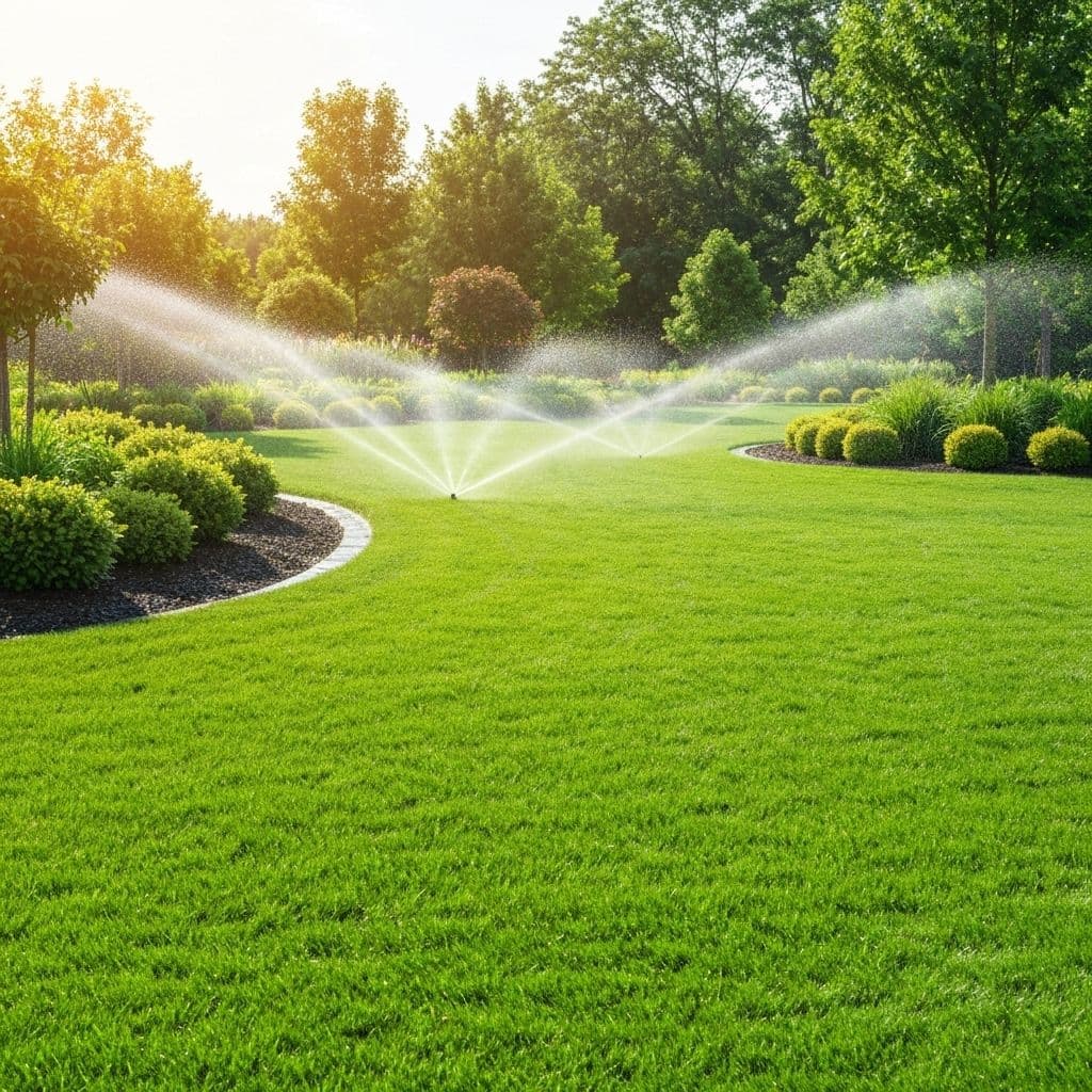 Professional sprinkler system on lush lawn